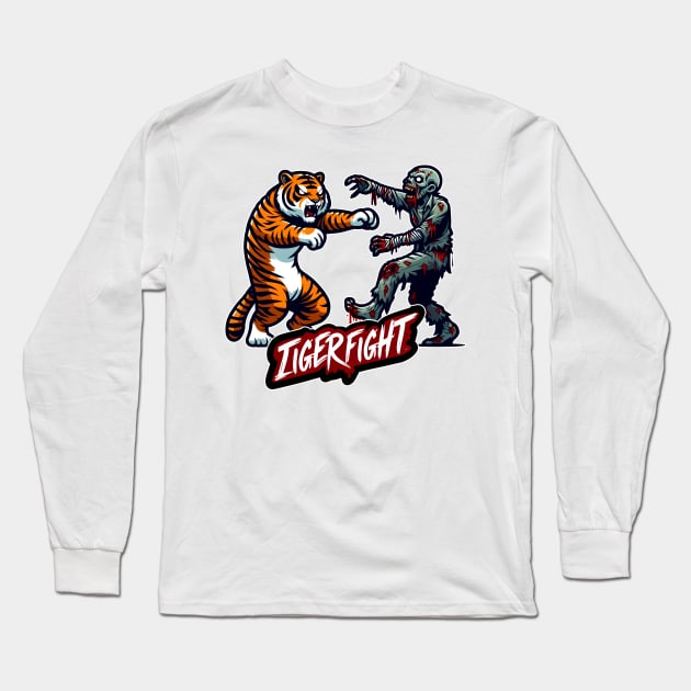 Tiger vs Zombie Fight Long Sleeve T-Shirt by Rawlifegraphic